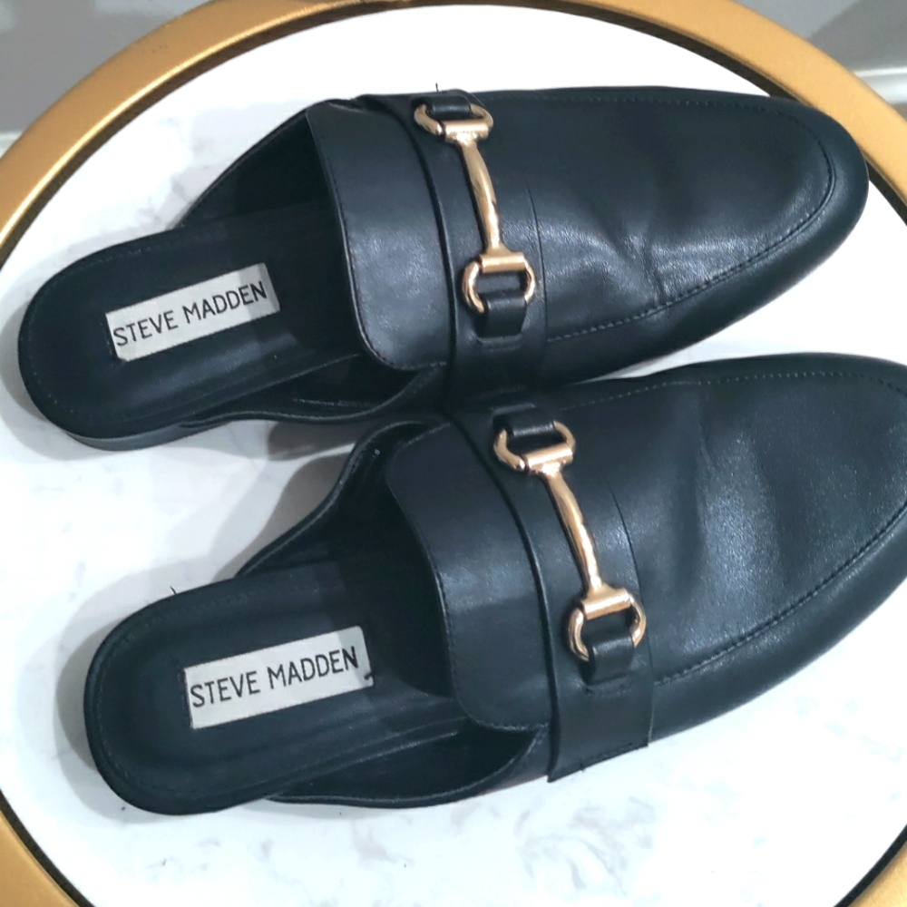 Steve Madden Black Mules with Gold Accent